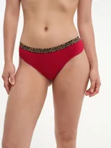 Bombacha de bikini color celeste con cintura de animal print.