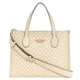 Cartera de mano Guess modelo Silvana, color marfil con diseño de espiga y detalles en cuero sintético. Tiene doble asa corta, correa larga desmontable y cierre superior.