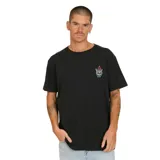 Remera negra de manga corta con cuello redondo y logo de Volcom estampado en el pecho.