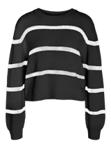 Sweater de punto negro con rayas horizontales blancas, de corte holgado y mangas largas.