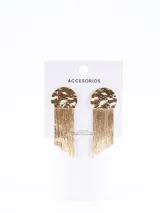 Aros colgantes dorados con forma circular martillada y flecos de cadenas.