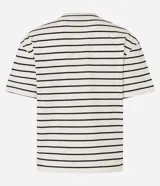 Remera boxy de algodón y poliéster a rayas horizontales blancas y negras, con cuello redondo y mangas cortas. Estampa frontal con la palabra "Darling" en color rojo.