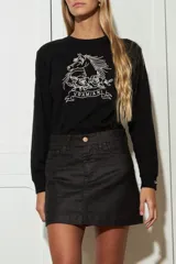 Remera negra de manga larga confeccionada en algodón, con cuello redondo y estampado de un caballo con rosas y la palabra "VDAMIANI" en color blanco.