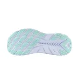 Championes Hoka Clifton 8 para mujer, color celeste con detalles en naranja y blanco.