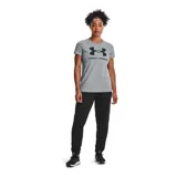 Remera blanca de mujer Under Armour de manga corta con logo estampado en el frente en tonos celeste y azul.