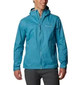 Campera impermeable Columbia Evapouration Jacket, color celeste, con capucha ajustable, cierre frontal completo, bolsillos laterales con cierre y ventilación en las axilas.