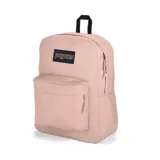 Mochila JanSport Superbreak Plus color rosa con logo de la marca en el frente, asa superior negra y correas acolchadas ajustables.