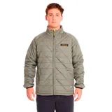 Campera acolchada color bordó con cierre frontal, cuello alto y logo de Caterpillar en el pecho.