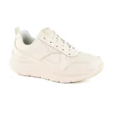 Championes Skechers D'Lux Walker color beige, con cordones, capellada de cuero y material sintético, plantilla Air Cooled Memory Foam y entresuela Skech-Foam.
