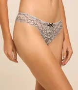 Bombacha bikini gris claro con encaje floral negro y moño negro en el centro.