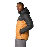 Campera puffer negra con capucha, cierre frontal completo, bolsillos laterales con cierre y logo de Columbia bordado en blanco en el pecho.