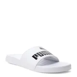 Sandalias Puma Popcat 20 blancas con logo negro.