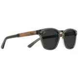 Lentes de sol con montura verde militar, de forma redonda, con lentes grises y patillas con el logo de la marca.
