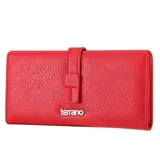 Monedero rojo de cuero sintético con textura granulada y cierre con presilla.