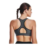 Top deportivo Under Armour Mid Padless color lila con contorno gris. Diseño con espalda deportiva y logo de la marca en el centro.