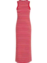 Vestido midi ajustado de viscosa elástica con textura acanalada a rayas horizontales rojas y blancas. Sin mangas, con cuello redondo y espalda deportiva. Logo de Tommy Hilfiger bordado en el bajo.