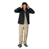 Campera puffer negra con capucha, cierre frontal completo, bolsillos laterales con cierre y logo de Columbia bordado en blanco en el pecho.