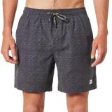 Short de baño negro con estampado geométrico en gris claro, cintura elástica con cordón ajustable y logo de la marca en la pierna derecha.