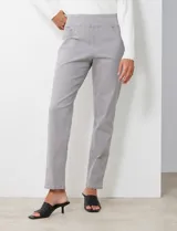 Jegging gris de algodón elastizado con pretina ancha elastizada, bolsillos delanteros simulados y bolsillos traseros aplicados.