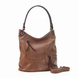 Cartera tipo hobo de color negro confeccionada en símil cuero con detalles calados. Posee apertura superior con cierre, dos bolsillos frontales con cierres metálicos y tiradores decorativos, y un bolsillo posterior con cierre. Incluye una correa corta fija para el hombro en color marrón y una correa larga adicional, desmontable y regulable.