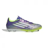 Championes de fútbol Adidas F50 League para hombre, color morado con detalles en blanco y amarillo.