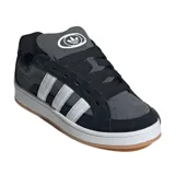 Championes Adidas Campus 00S, color negro con las tres tiras blancas y suela blanca con base marrón.