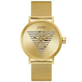 Reloj Guess dorado con caja redonda de acero inoxidable, esfera dorada con diseño geométrico triangular y correa de malla milanesa.