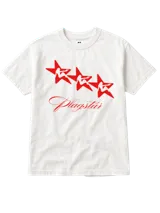 Remera blanca de manga corta con estampado frontal de tres estrellas rojas con siluetas de mujeres en su interior y la palabra "Plagstar" en cursiva debajo.