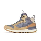 Bota de media caña Merrell Alpine 83 Recraft, color beige con detalles en azul y gris. Fabricada con cuero de gamuza y tejido 100% reciclado, con suela de goma y entresuela de espuma EVA.
