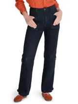 Pantalón de jean RKF modelo Noa, estilo cargo, color azul oscuro, de tiro alto y corte recto. Confeccionado en algodón orgánico con tecnología Natural Flex.