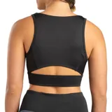 Sujetador deportivo negro de alto soporte, con escote alto y detalles en la espalda para mayor comodidad.