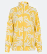 Campera alargada de lino con estampado de cocoteros, cuello alto, cierre por cremallera y mangas largas.