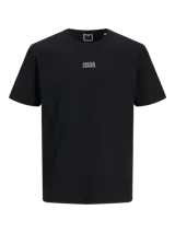 Camiseta negra de manga corta y cuello redondo, con logo de la marca Jack & Jones estampado en el pecho.