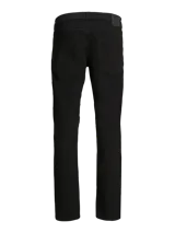 Jean negro de corte tapered, con cinco bolsillos y cierre con botón.