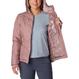 Campera puffer color salmón con capucha, cierre frontal y bolsillos laterales con cierre. Cuenta con tecnología termorreflectante Omni-Heat™ y puños con orificios para los pulgares.