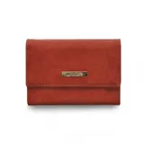 Billetera mediana color rosado, con tapa y cierre a presión. Presenta múltiples compartimentos interiores para tarjetas y billetes, y un bolsillo exterior con cierre en la parte posterior.