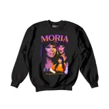 Buzo negro de algodón con estampado de Moria Casán y la frase "El decorado se calla".