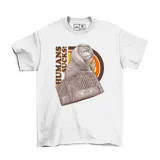 Remera blanca de algodón con estampado de ET dentro de una caja, envuelto en una manta, haciendo un gesto obsceno con el dedo medio. A su lado, la frase "HUMANS SUCKS!".