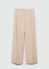 Pantalón de vestir color beige con finas rayas verticales, corte recto y diseño largo.