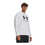 Buzo gris de Under Armour, línea Rival Fleece, con capucha y logo estampado en el frente.