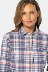 Camisa de algodón a cuadros con dos bolsillos en el pecho, botones a presión y spandex.