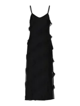 Vestido largo negro con tirantes finos ajustables y volantes diagonales.