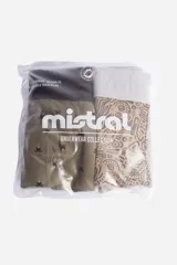 Pack de dos bóxers estampados, uno con diseño geométrico en tonos marrones y cintura elástica negra, y otro con estampado floral en tonos azules y cintura elástica gris.