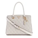 Cartera Guess modelo Noelle mediana, color blanco con estampado del logo de la marca en beige. Tiene doble asa de mano, correa de hombro ajustable y extraíble, y dije colgante con el logo de Guess.
