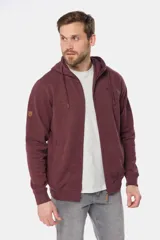 Canguro con cierre y capucha color bordó, confeccionado en felpa de algodón y poliéster.