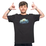 Remera negra de manga corta con estampa de pecera con peces y olas. Confeccionada en algodón orgánico.