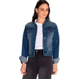Chaqueta de jean azul con bolsillos frontales y cierre de botones.