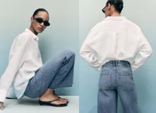 Jeans de mujer color azul claro, de tiro alto, corte wide leg y largo tobillero. Presenta bajo deshilachado, cierre de cremallera y botón, trabillas y bolsillos traseros.