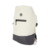Mochila Rip Curl modelo Surf Series Active de 20 litros, color blanco crema con base gris oscuro. Presenta un diseño tipo roll-top con cierre de hebilla lateral y un bolsillo frontal horizontal con cierre de cremallera negra. Incluye un logo circular de Rip Curl en el frente.