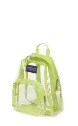 Mochila mini transparente con detalles en color lila pastel, marca JanSport.